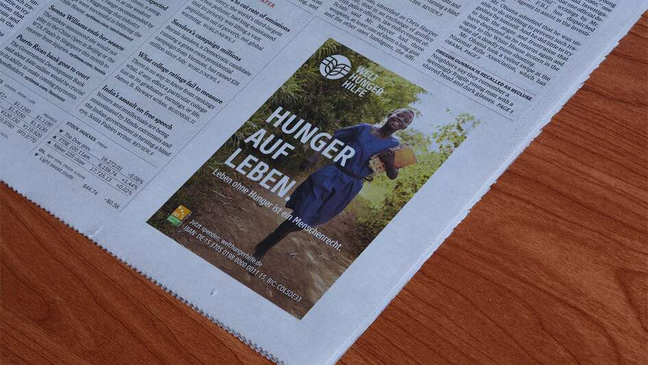 Zeitungsanzeige der Welthungerhilfe mit dem Slogan ‚Hunger auf Leben‘ – Kampagne für das Menschenrecht auf Ernährung und gegen weltweiten Hunger.