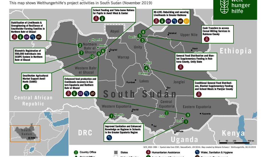 2019-karte-suedsudan-welthungerhilfe.png Diese Karte zeigt die verschiedenen Projekten der Welthungerhilfe im Südsudan.