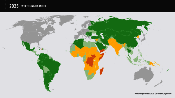 Welthunger-Index 2025: Karte mit Ländern eingefärbt nach Schwere der Hungersituation, ohne Legende 